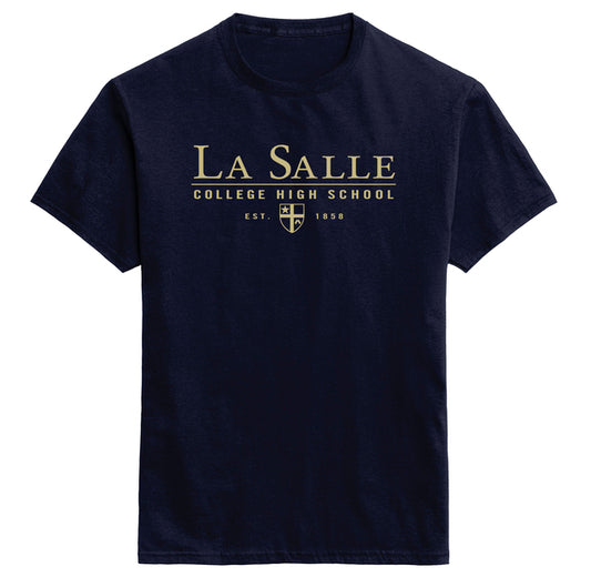 Navy short sleeve tee shirt LA SALLE IN GOLD over CHS